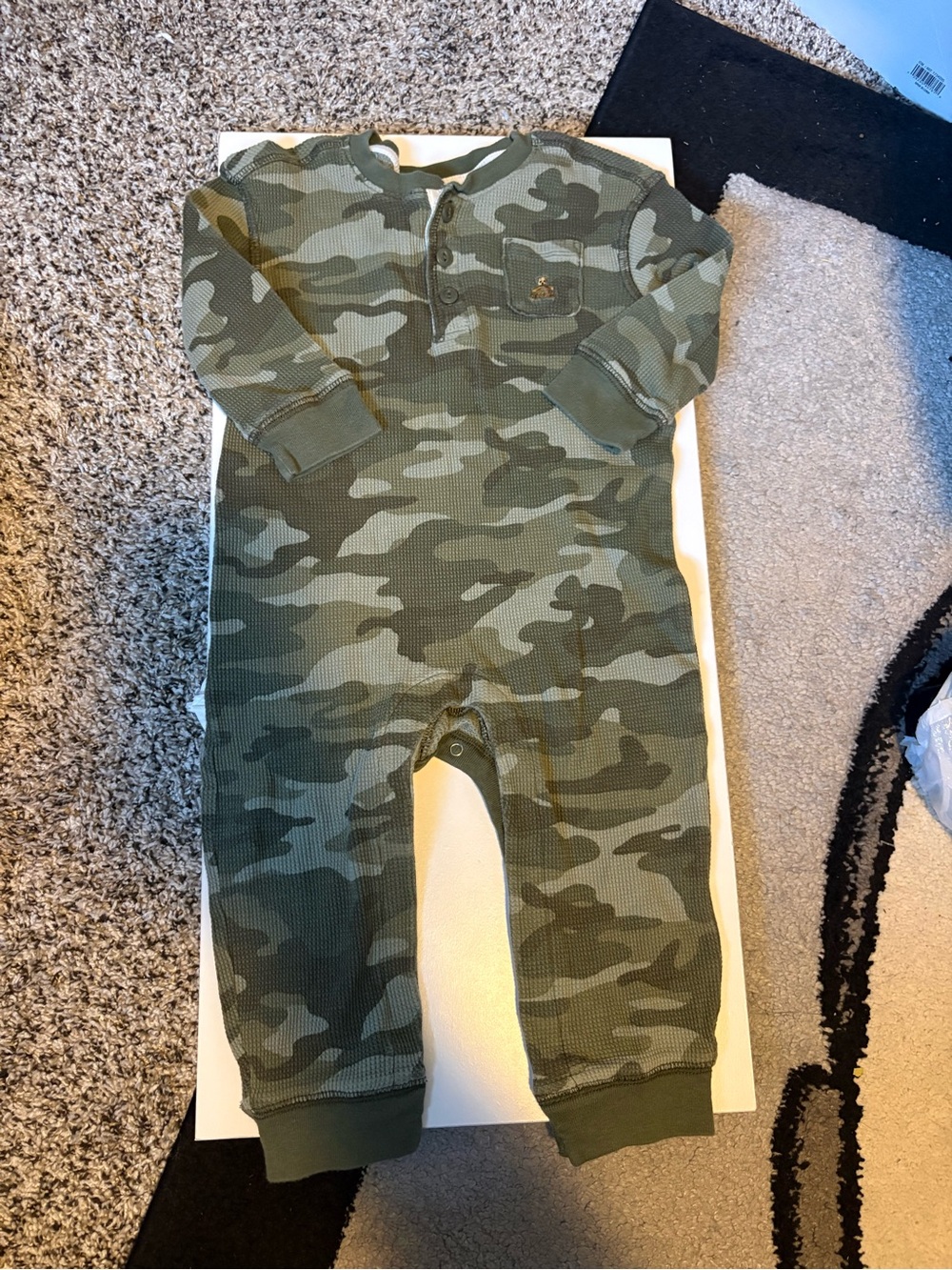 GAP Olive Green Camo Waffle Henley Baby Romper